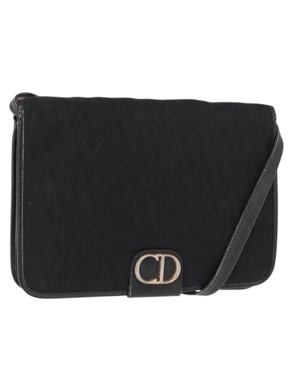 Authentic Christian Dior Trotter Canvas Shoulder Bag Black Gold